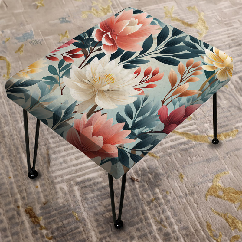 Coral And Blue Enchanted Gardens Chevron Pattern - Floral Rectangle Ottoman