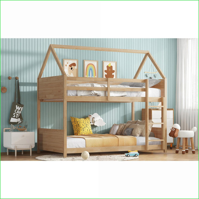 Twin Over Twin Rubber Wood House Bunk Bed with Guardrails - No Box Spring, White Oak Bedroom, Light  Natural