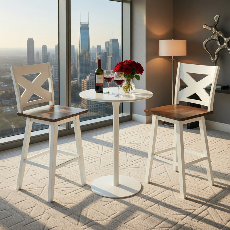  Ensemble de 2 tabourets de bar pivotants de 29 pouces avec dossier, chaises de bar en bois d'hévéa massif, siège et repose-pieds ergonomiques courbés, blanc et noyer
