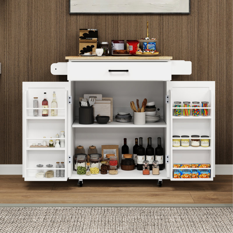 Kitchen Island Cart With 1 Drawer, 2 Doors, Storage, Adjustable Shelves, Towel Rack, Seasoning Rack - White Rolling Style Storage , And Rubber Wood Top