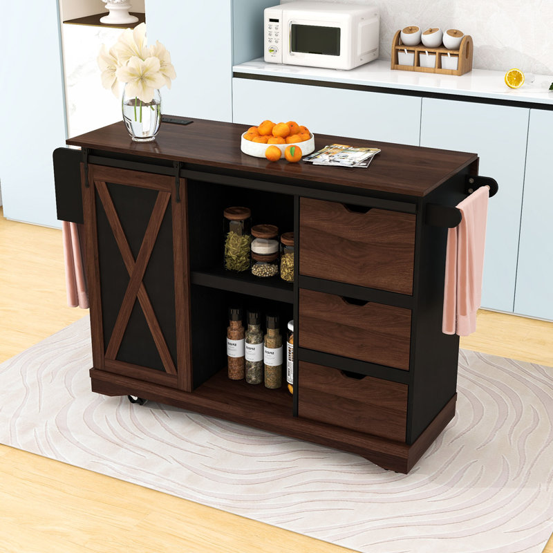 Kitchen Island with Drop Leaf, Barn Door, Power Outlet, 3 Drawers, Adjustable Shelf and Spice Rack, Black