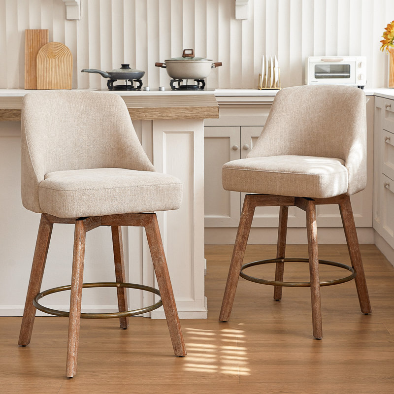 Mid Century Modern Counter Height Bar Stools Set of 2,360° Swivel Barstools with Solid Wood Legs, Island Chairs with Wrap-Around Backrest,Sand Linen Comfort Fabric