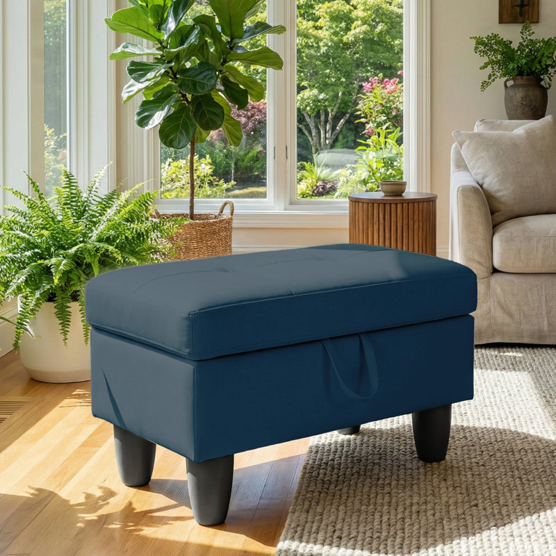 Rectangular Storage Ottoman Bench With Hinged Lid, Faux Leather Footrest For Living Room, Bedroom, Entryway, Navy Blue, 28.5"X19"X17.5"