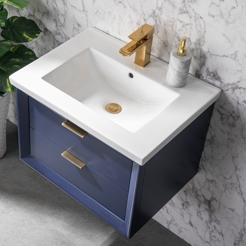 Draven 24'' Single Bathroom Vanity with Porcelain Top, Blue