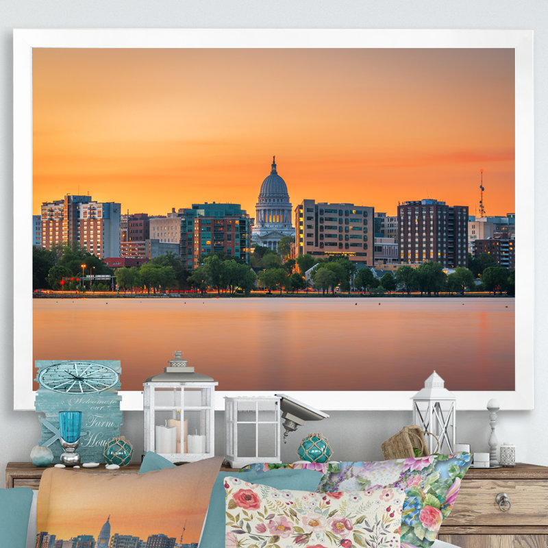 Madison Wisconsin Skyline - Alabama Large Wall Art, White Picture Framed, 12" H x 20" W x 1" D