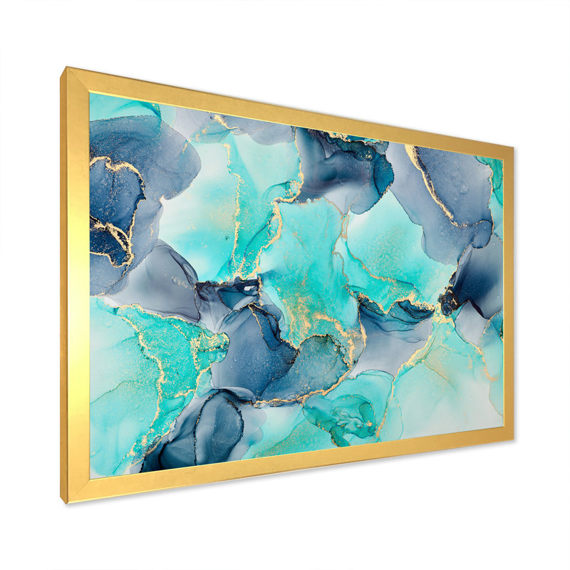Turquoise de luxe abstrait, art fluide IV - peinture sur toile, H 16 po x l 32 po x P 1 po, Cadre doré