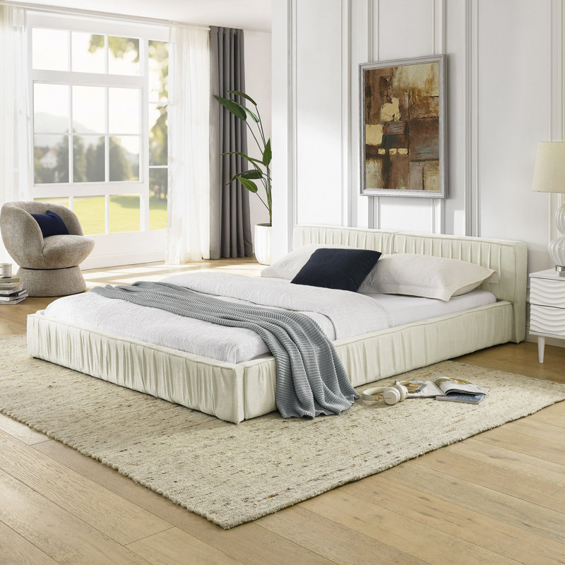 Structure de lit tapissier en tissu chenille avec motif plissé, lit plateforme avec tête de lit et structure solide. Aucun sommier tapissier requis (88 po x 67 po x 23,5 po)