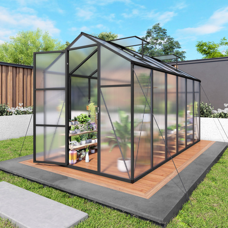 Walk-In Outdoor Greenhouse, Polycarbonate Greenhouse With Aluminum Frame, Adjustable Vents, Lockable Door For Backyard, Black