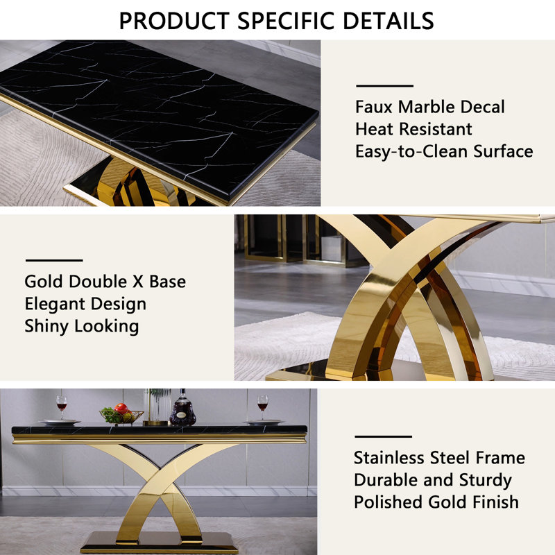 Collina Faux Marble Top Metal Base Dining Table, Black/Gold