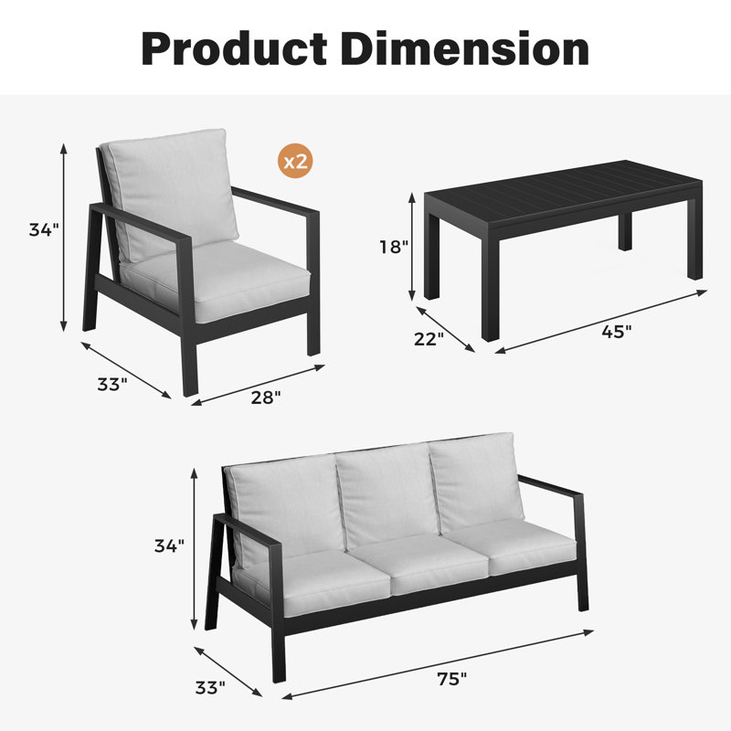 Ensemble de conversation d'extérieur 4 pièces avec coussins Brandtley, Gris clair