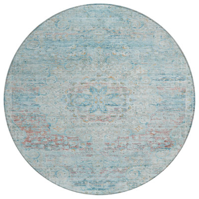 8' Sky Blue Round Medallion Washable Indoor Outdoor Area Rug