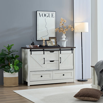 Farmhouse 4-drawer Dresser With Sliding Barn Door, 48" Wide Rustic Storage Cabinet For Bedroom, Living Room, Or Dining Room