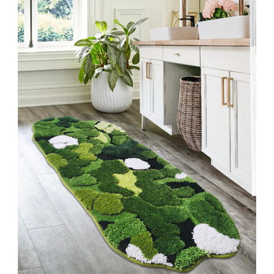 Mignon tapis de couloir de salle de bain vert mousse à longues feuilles rectangulaires de style bohème avec tapis de bain à poils longs antidérapant
