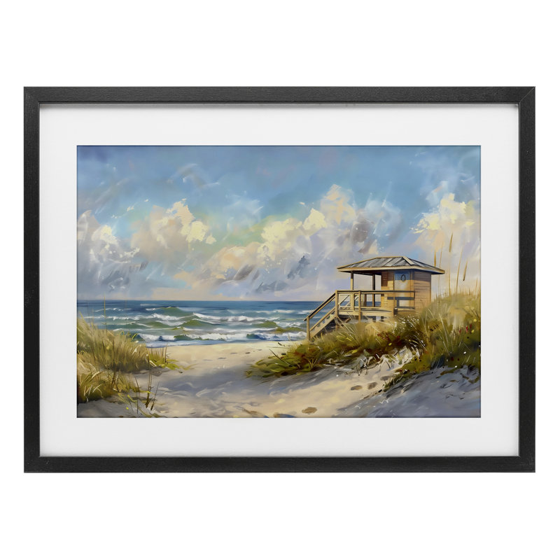 Reproduction sous verre encadrée «Beach Overlook Lifeguard Hut» par LSR Design Studio, H 14 po x l 20 po, Cadre noir minuit