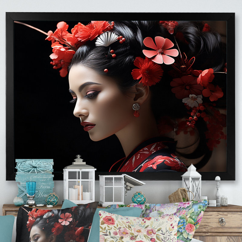 Japon Art Geishas Grace Portrait II - Japanese Canvas Wall Art, H 16 po x l 32 po x P 1 po, Cadre simple noir