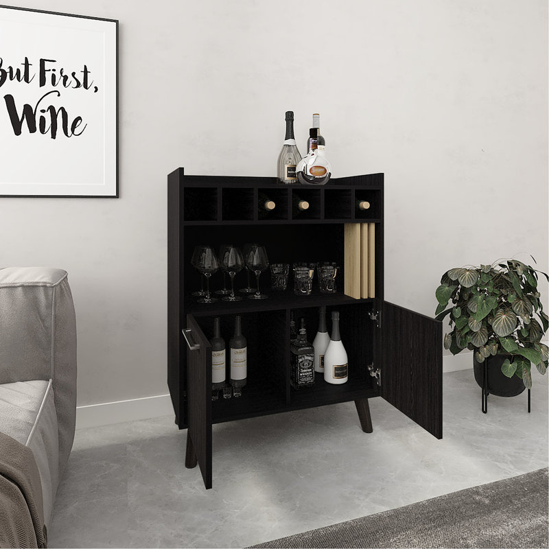 40" Bar Cabinet With Six Bottle , Two Double Door Cabinets, Four Shelves, Dark , Elegant Home Element Functional Decor