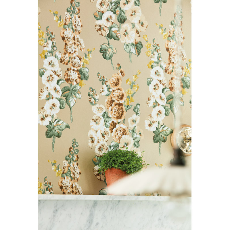 Hollyhocks Wallpaper, Gold Metallic/Tan