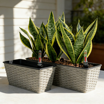 2-Pack Smart Self-watering Rectangle Planter for Indoor and Outdoor - Hand Woven Wicker