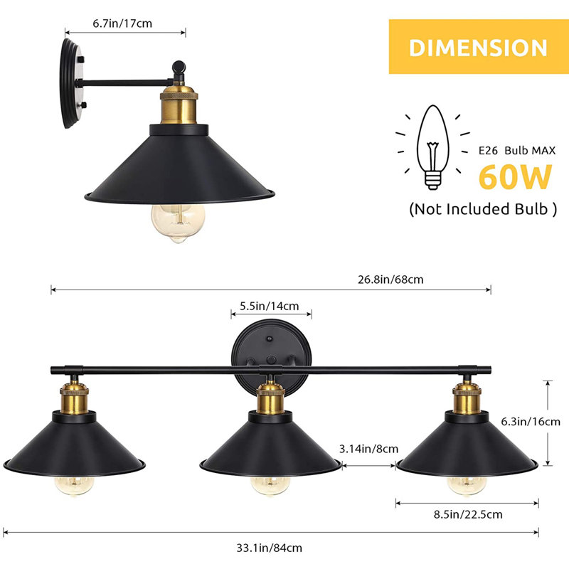 Applique à bras noire à 3 lumières