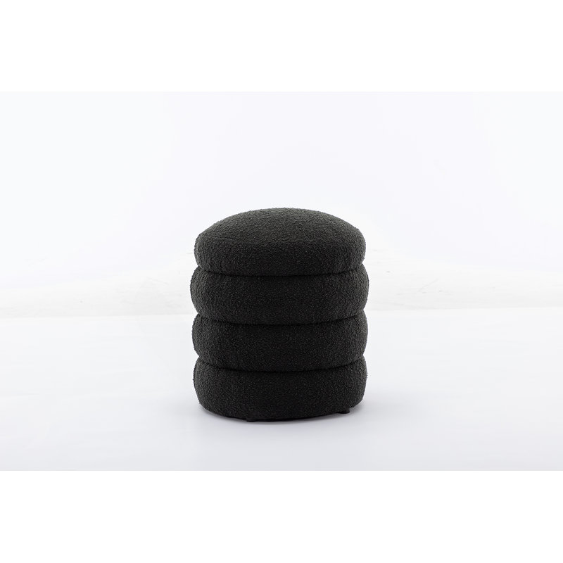 Round Upholstered Boucle Ottoman, Boucle, Black