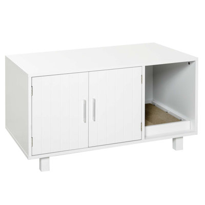 Enceinte et litière en bois pour chat, salle de bain cachée pour chat, avec table de bout, grattoir et portes magnétiques, blanc