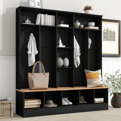 Elegant Hall Tree With Storage Bench – Minimalist Shoe Cabinet With Cube Storage & Shelves – Multifunctional Coat Rack With 8 Hooks For Entryways And Mudroom, Black