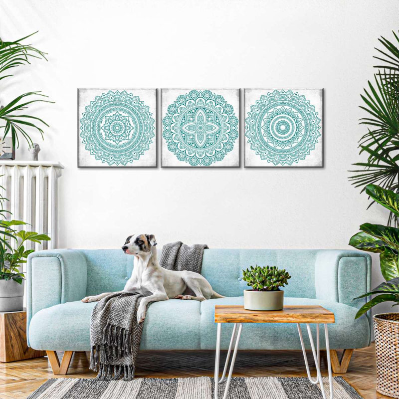 Ensemble de 3 mandalas vertes sur toile, H 8 po x l 26 po x P 1 po