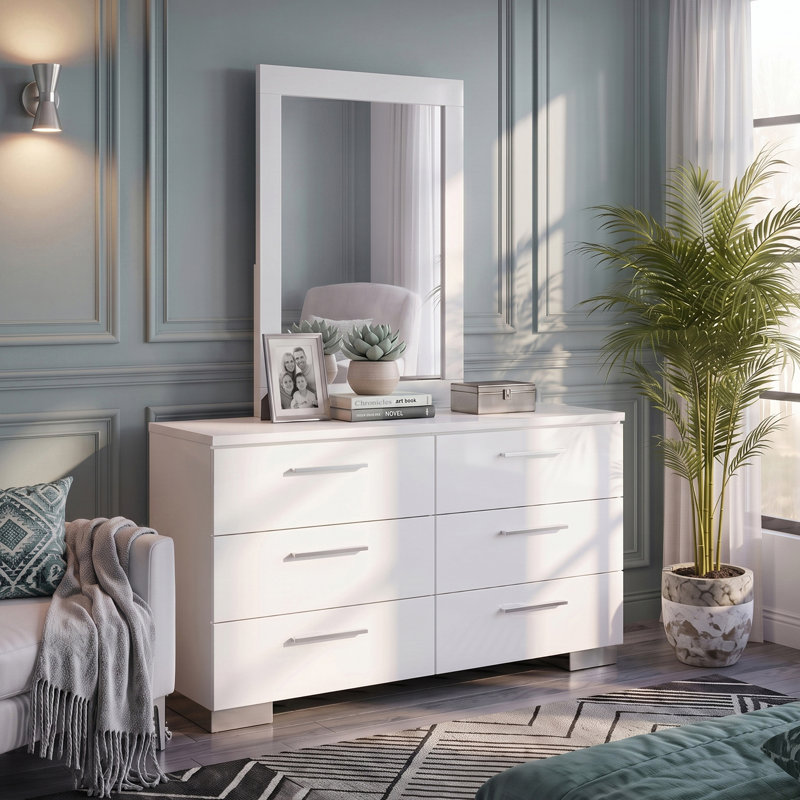 Alei 74.5"H 6-Drawer Double Dresser with Mirror Set, White