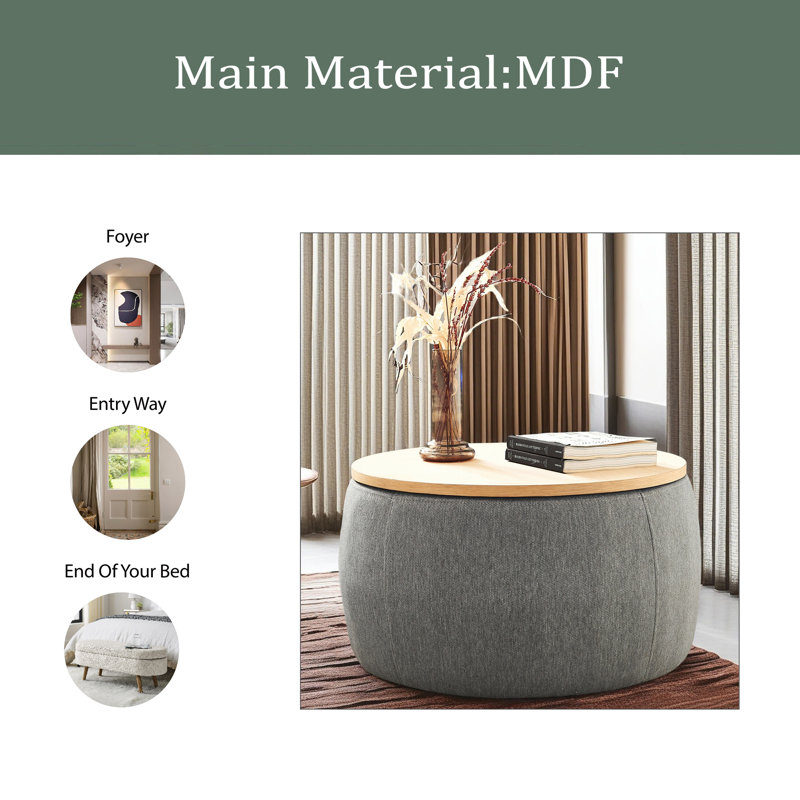 Round Storage Ottoman, 2 In 1 Function, Work As End Table And Ottoman, Dark Grey