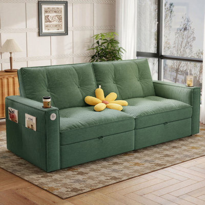 Canapé-lit gigogne 3 en 1 en velours côtelé de 187 cm (73,5 po) avec port USB, porte-gobelets, poche latérale et dossier réglable.