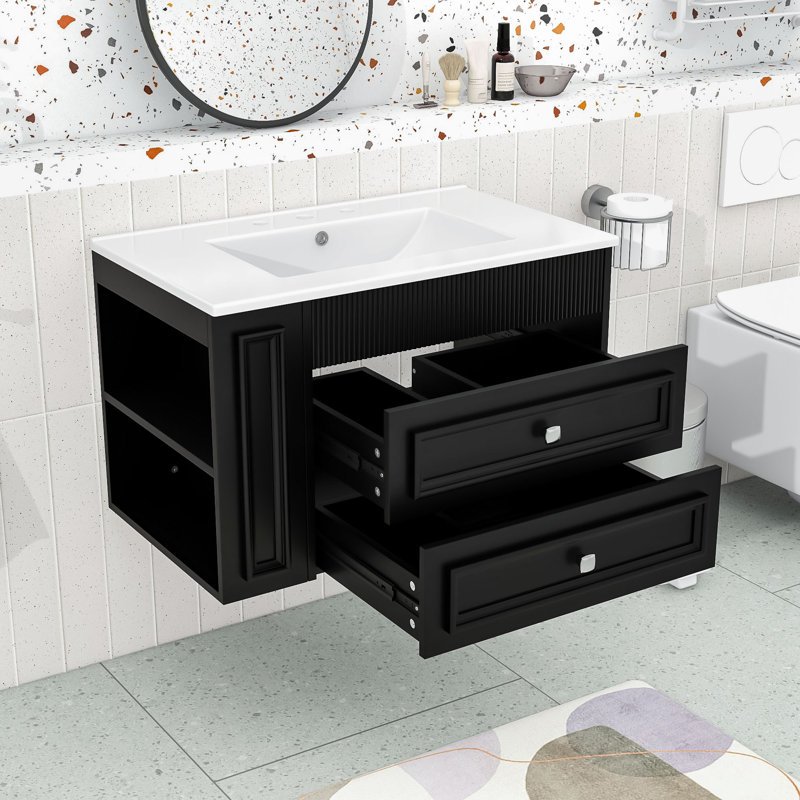 Modern Wall-Mounted Bathroom Vanity with Ceramic Sink, Open Shelving and Storage Drawers, Black