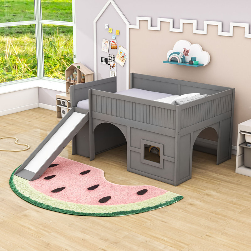 Lit mezzanine bas en bois avec glissade et tablettes de rangement, gris