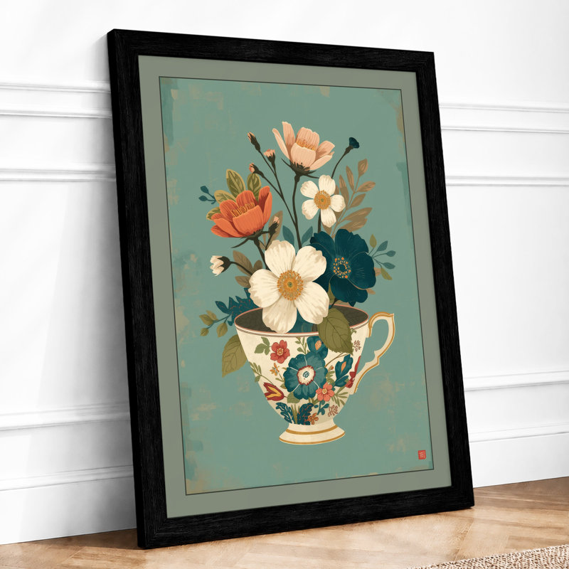 Flowers in Ceramic Teapot Japandi - Framed Print, A3 - 42.0 x 29.7 cm, Black