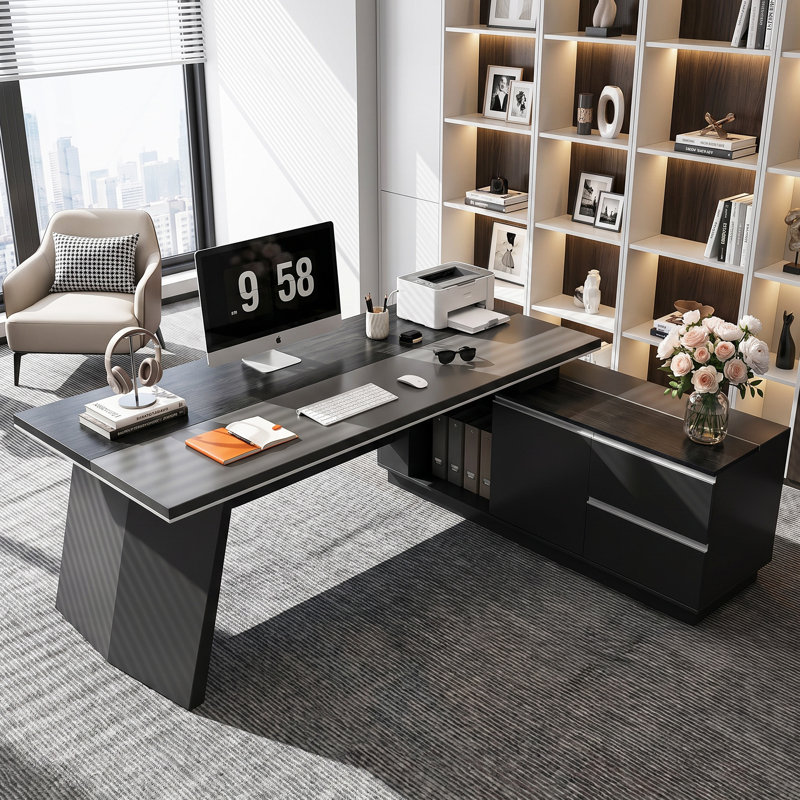Bureau de direction moderne en L 78,7 po, poste de travail réversible avec concentrateur électrique intégré, bureau épais de 2 po et tiroirs de rangement