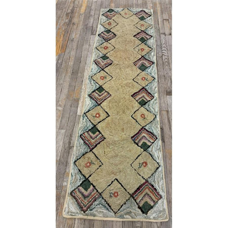 1880s Rustic Beige Open Field Folk Art Runnner Antique American Wool Hooked Rug 2'0" x 7'0"
