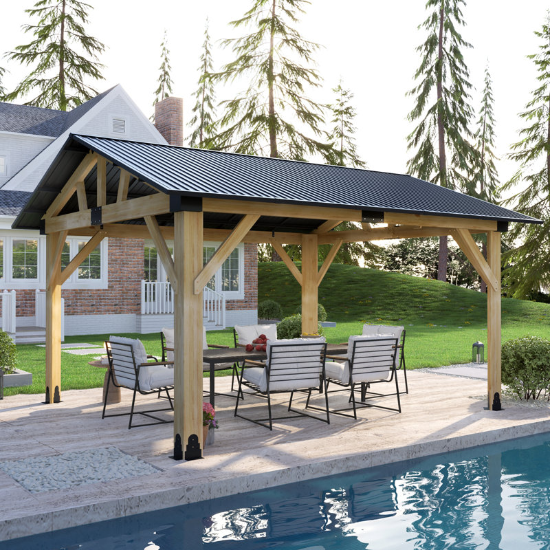 Outdoor Heavy Duty Wooden Gazebo with Galvanized Steel Hardtop Gazebo, 14' W x 12' D