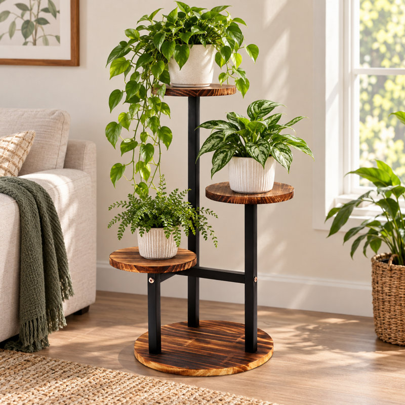 3-Tier Plant Stand, Small Metal and Wood Plant Shelf for Multiple Indoor Plants, Corner Flower Pot Display Rack for Living Room, Bedroom, Balcony