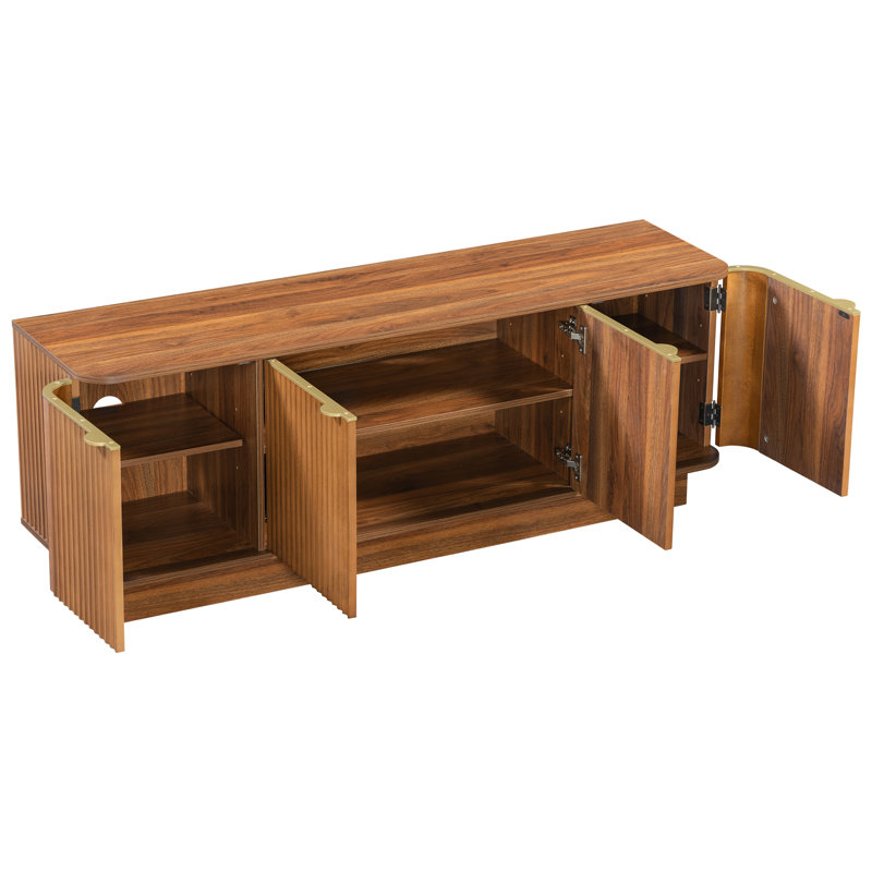 Meuble télé 70 po Mid-Century pour téléviseur de 70 po ou moins, console multimédia en bois cannelé avec tablettes réglables, gestion des câbles et armoires de rangement