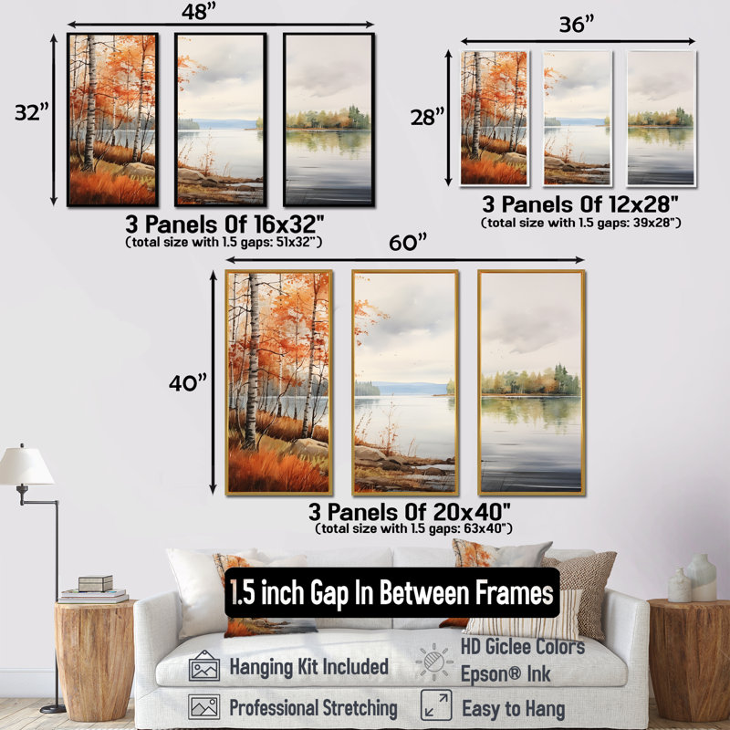 Ensemble de salon scandinave Lake Tranquility II - River Wall Art, Cadre flottant doré, H 28 po x l 36 po x P 1 po