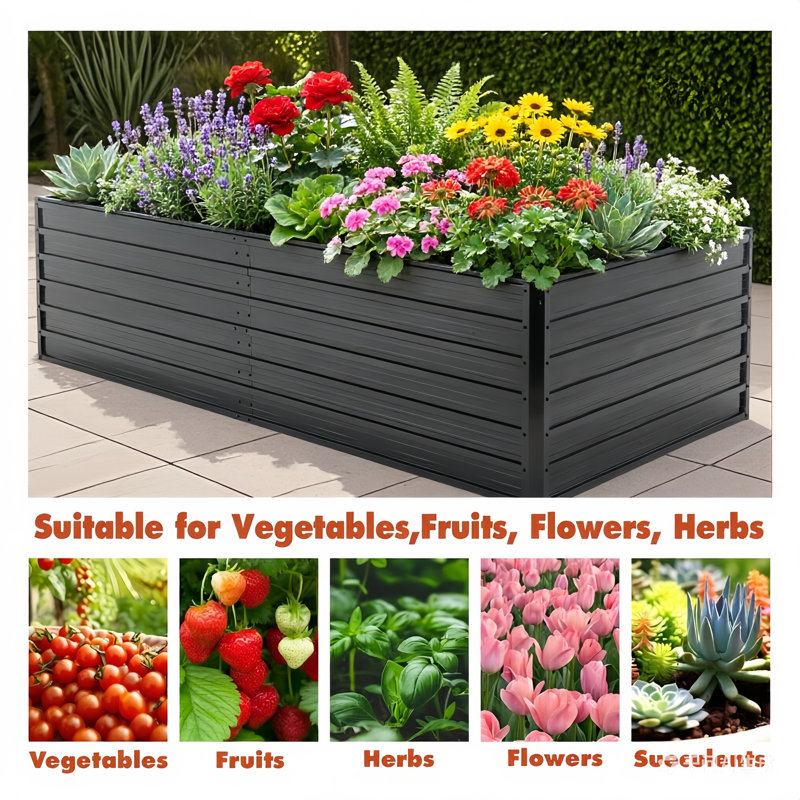 86 po X 44 po X 25 po Lit de jardin surélevé rectangulaire en métal, H 25 po x l 44 po x P 86,3 po, Noir, Ensemble de 1