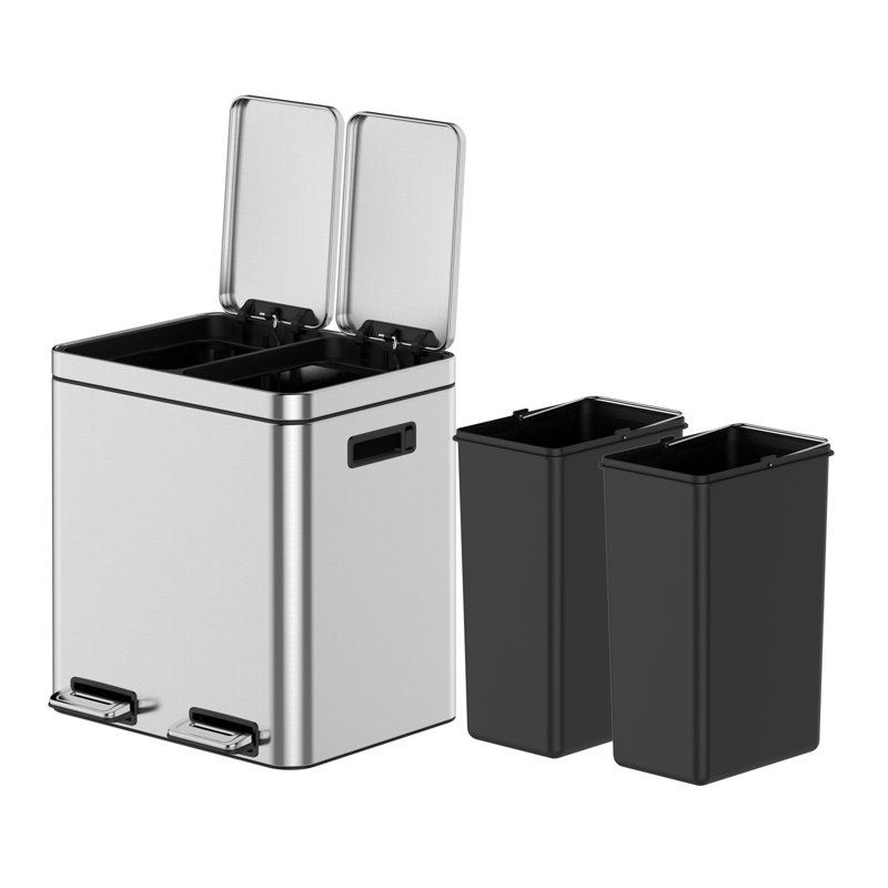 Poubelle de recyclage à 2 compartiments avec poubelle à pédale en acier inoxydable 2 x 3,96 gallons pour bureau à domicile