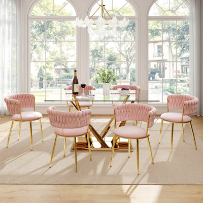 luxtury Rectangle Pedestal Dining Set with Weaven Velvet Dininig Chair