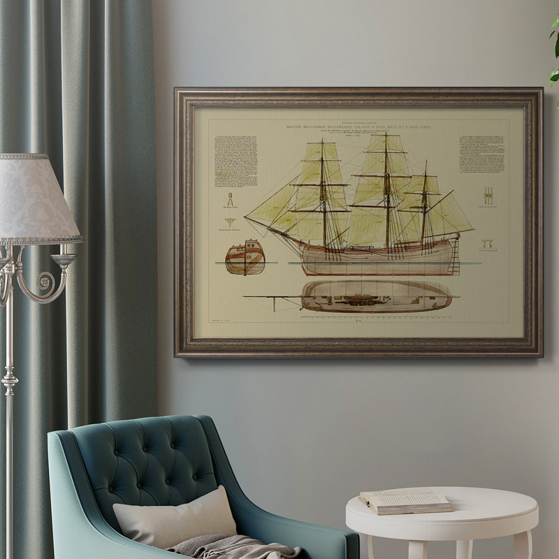 Toile encadrée de qualité supérieure Antique Ship Plan VII - prête à être accrochée, H 24 po x l 36 po x P 2,5 po