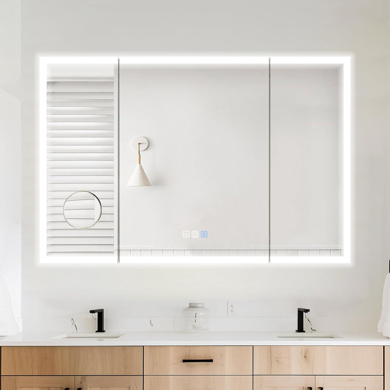 Tri-Fold Wall Mirror with Backlit, Front-lighted, Removable 10x Magnifying Mirror, Dimmer, Defogger, 36" x 54"