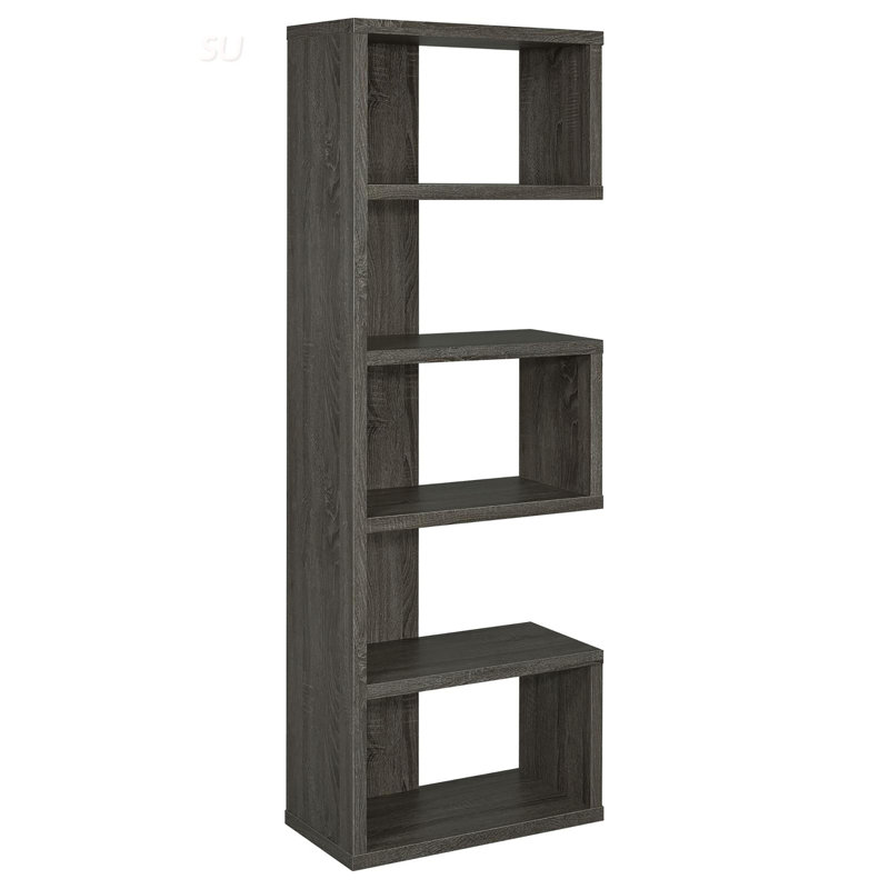 Bibliothèque patinée à 5 tablettes avec beaucoup de rangement et un design polyvalent pour les intérieurs modernes