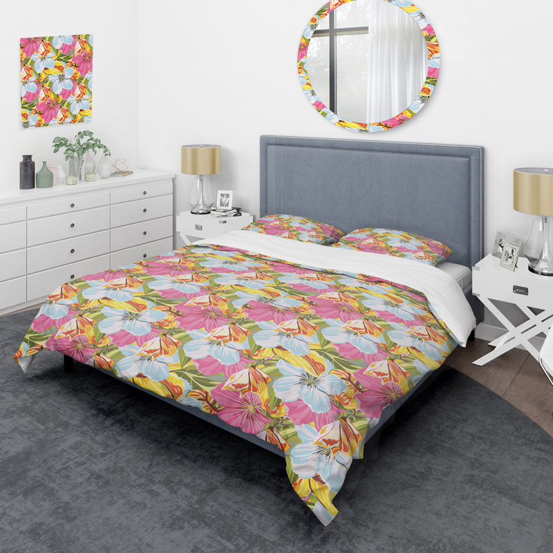 Ensemble de housse de couette à motif floral rose et bleu, Housse de couette pour très grand lit et 2 très