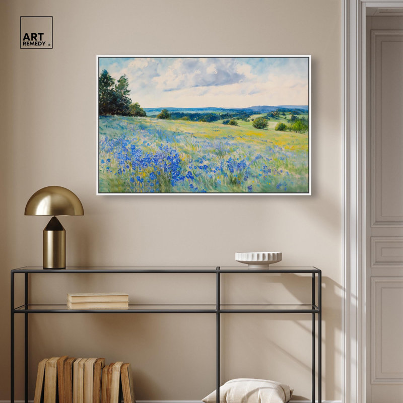 «Sky Over Blue Fields» par Art Remedy, H 25 po x l 37 po, Cadre flottant blanc