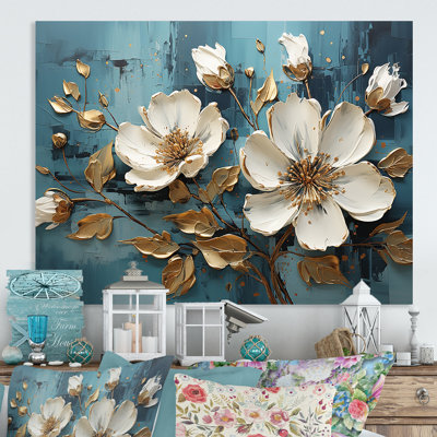 Fleurs blanches et bleues, coquelicots, arbre IV - Art mural floral abstrait en métal