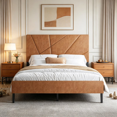 Vintage Faux Leather Platform Bed Frame, Geometric‑Stitched Tall Headboard, No Box Spring Needed, Heavy‑Duty Metal Slat Support