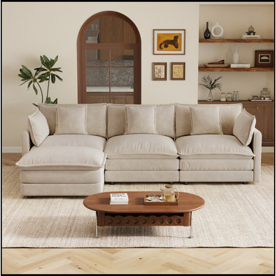 Oversize 3-Seater Sofa with One Ottoman, L-Shaped Sectional Sofa with Ottoman for Living Rooms, Chenille Sofa